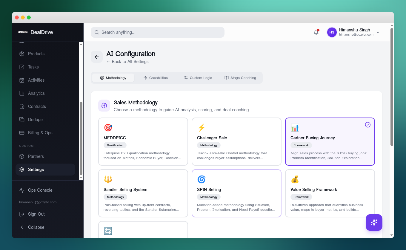 DealDrive AI Configuration with sales methodology selection including MEDDPICC and Challenger Sale