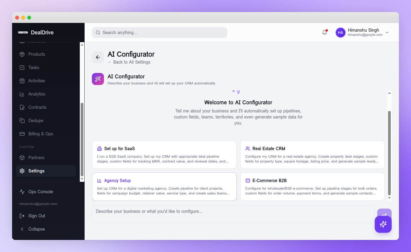 DealDrive AI Configurator automatically setting up CRM pipelines, fields and teams
