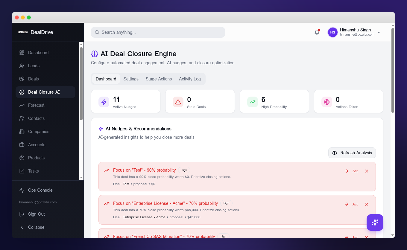 DealDrive AI Deal Closure Engine with nudges, stale deal detection and automated follow-ups